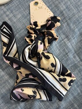 Silk-Look Black and Beige Leopard Print Scarf & Hair Scrunchie